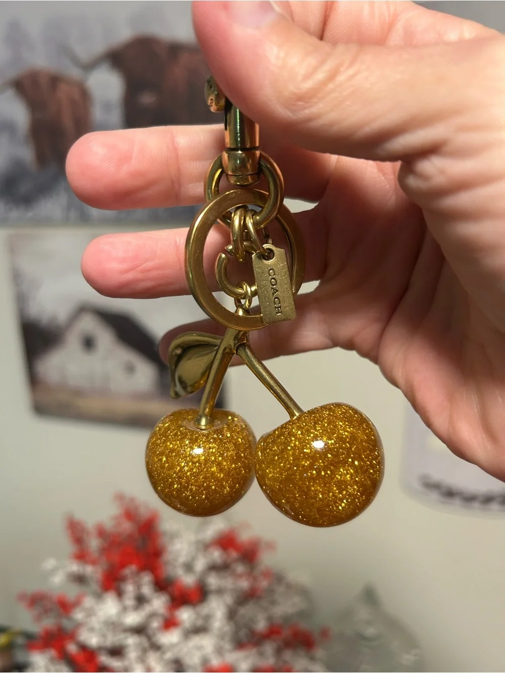 Coach❤️Gold-tone Glitter Golden Cherry Keychain Charm - Picture 6 of 7